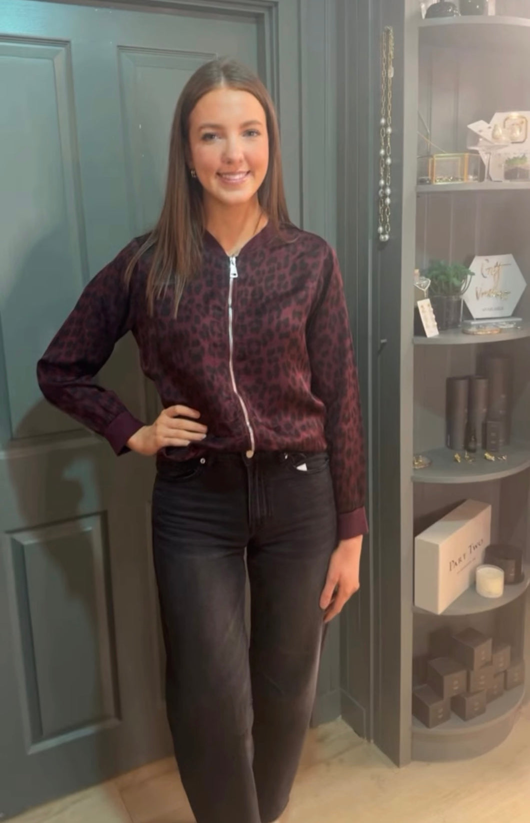 Carrie Burgandy Leopard Bomber