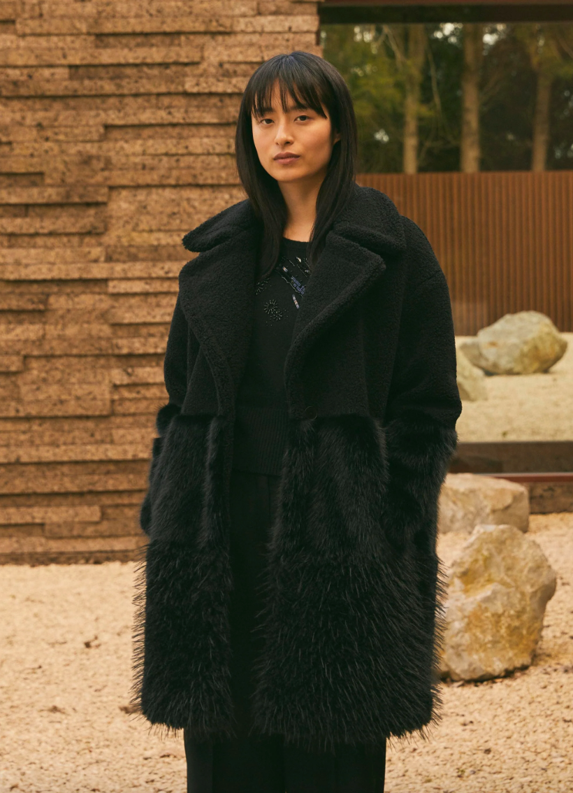 Faye Black Coat Fur Trim