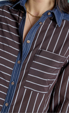 Load image into Gallery viewer, Allegra Brown Striped Shirt with Blue Trim
