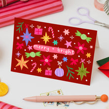 Load image into Gallery viewer, &quot;Merry and Bright&quot; Christmas Card | Hand Drawn Card Red
